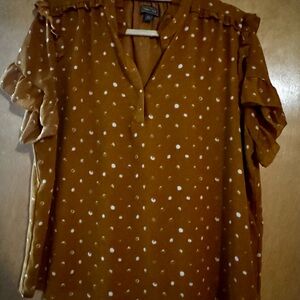 Polka Dot Ruffle Sleeve V-Neck Top - Mustard Yellow